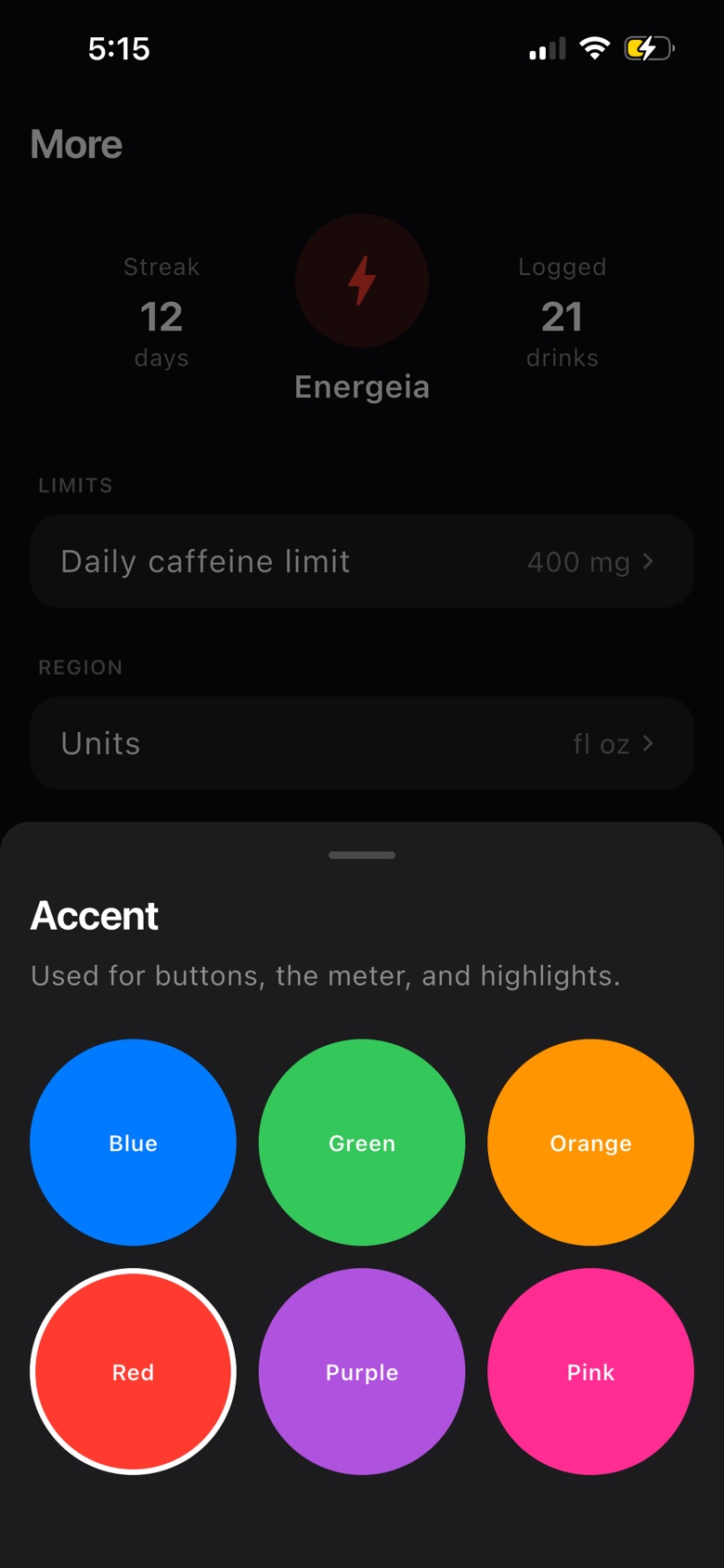Energeia accent color picker with blue, green, orange, red, purple, and pink