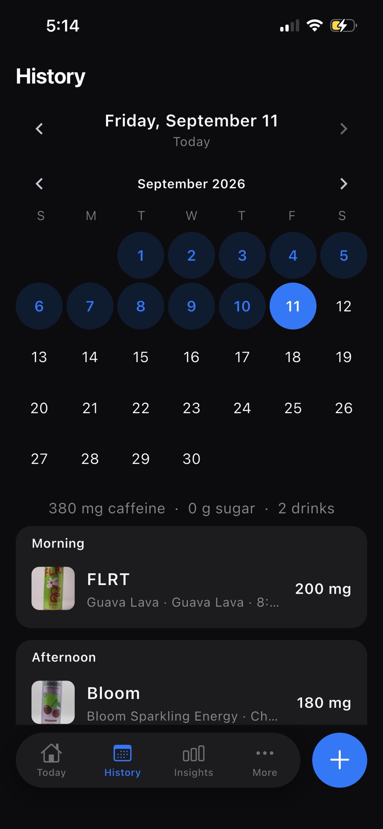 Energeia History calendar with logged drinks for the selected day