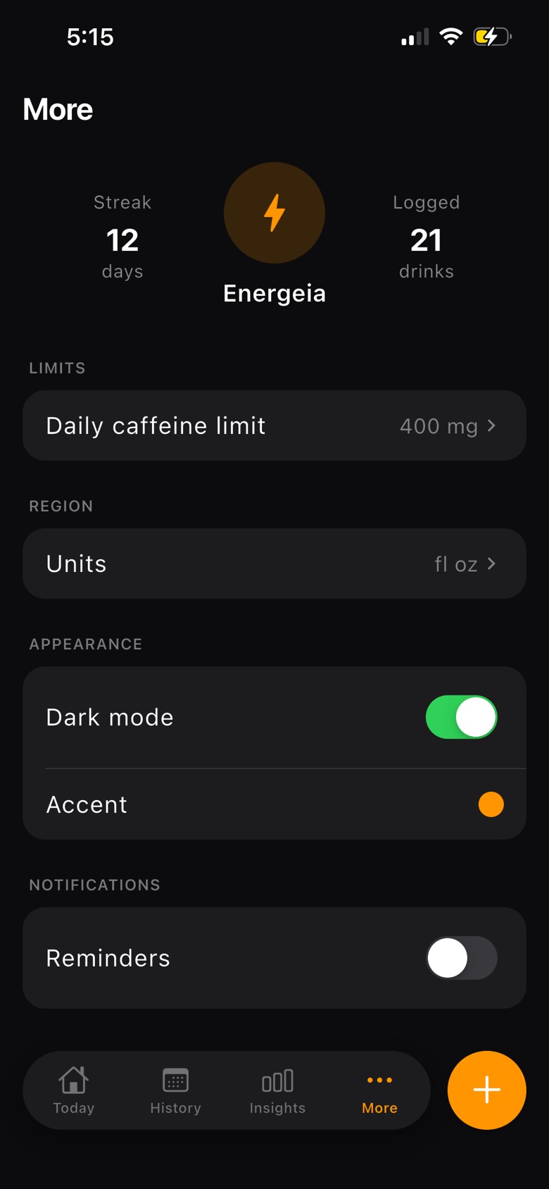 Energeia More screen with streak, drinks logged, daily caffeine limit, units, dark mode, and reminders