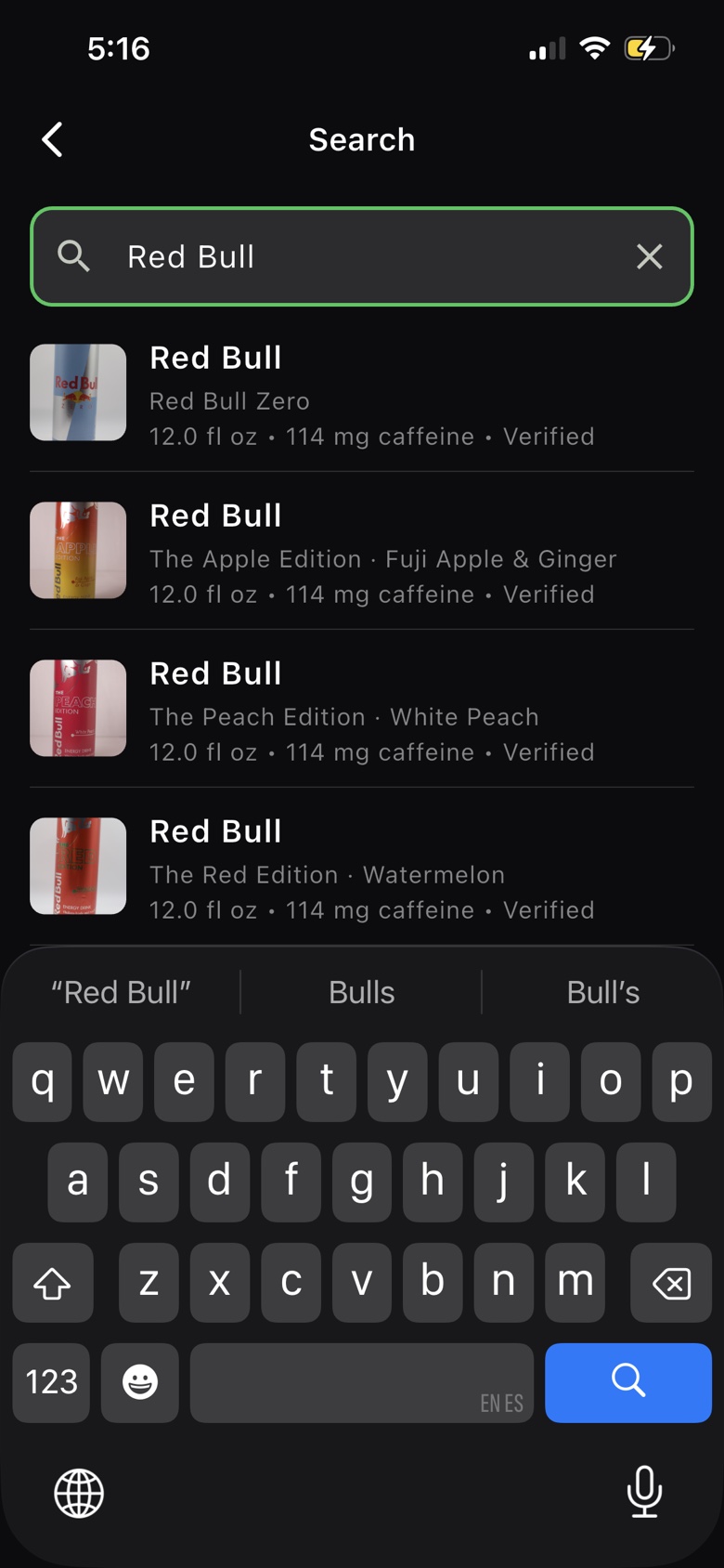 Energeia search results for Red Bull with verified caffeine and can photos