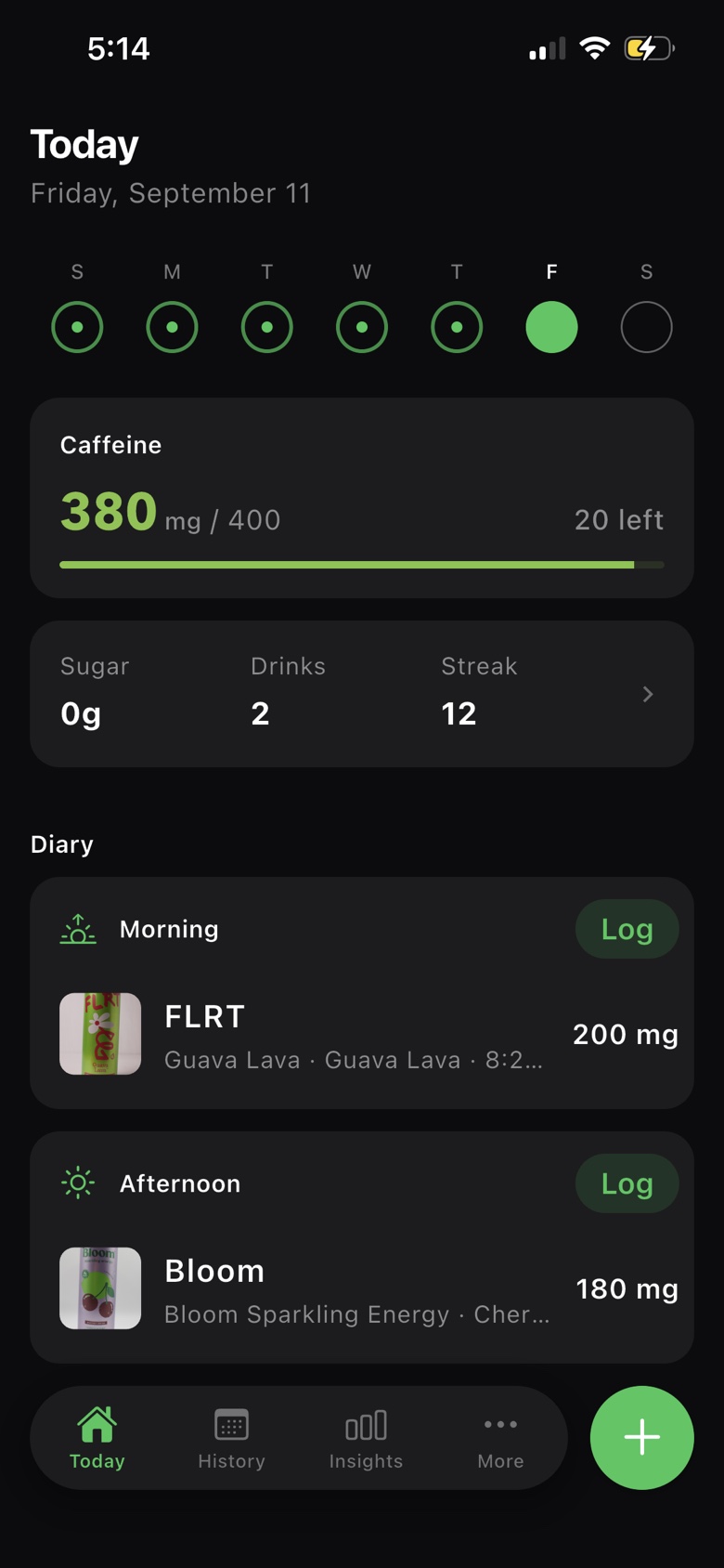 Energeia Today screen showing caffeine remaining against a daily limit, sugar, drinks logged, streak, and a diary of cans