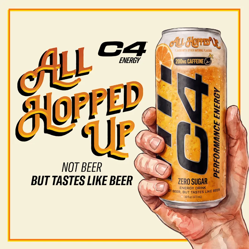 Promotional artwork of a C4 All Hopped Up 16-ounce can held in a hand, with orange-hued drink and hop-inspired branding