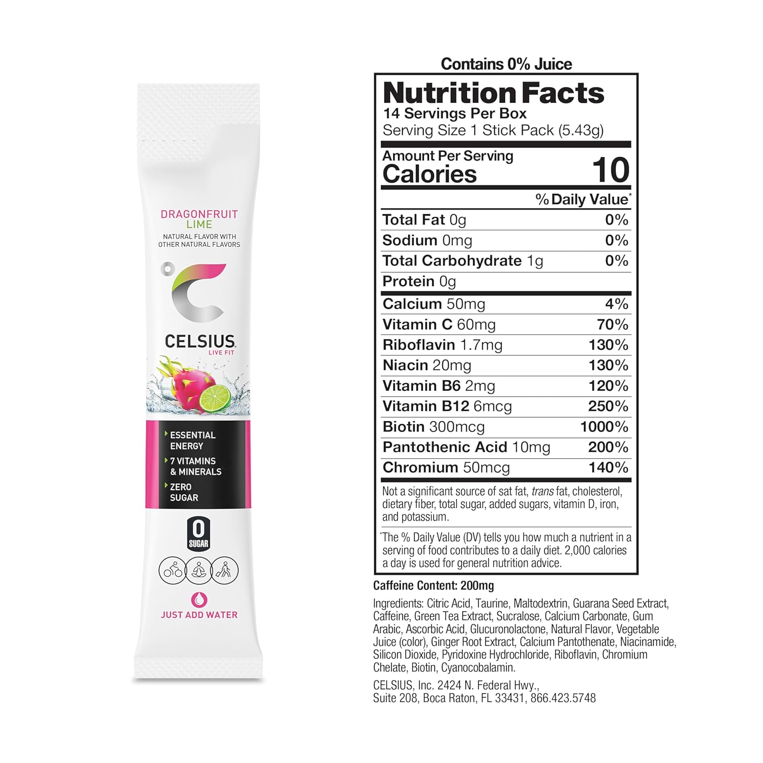 Nutrition label for Celsius On-The-Go – Dragonfruit Lime