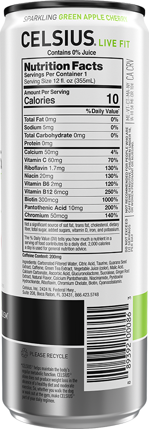 Nutrition label for Celsius - Sparkling Green Apple Cherry