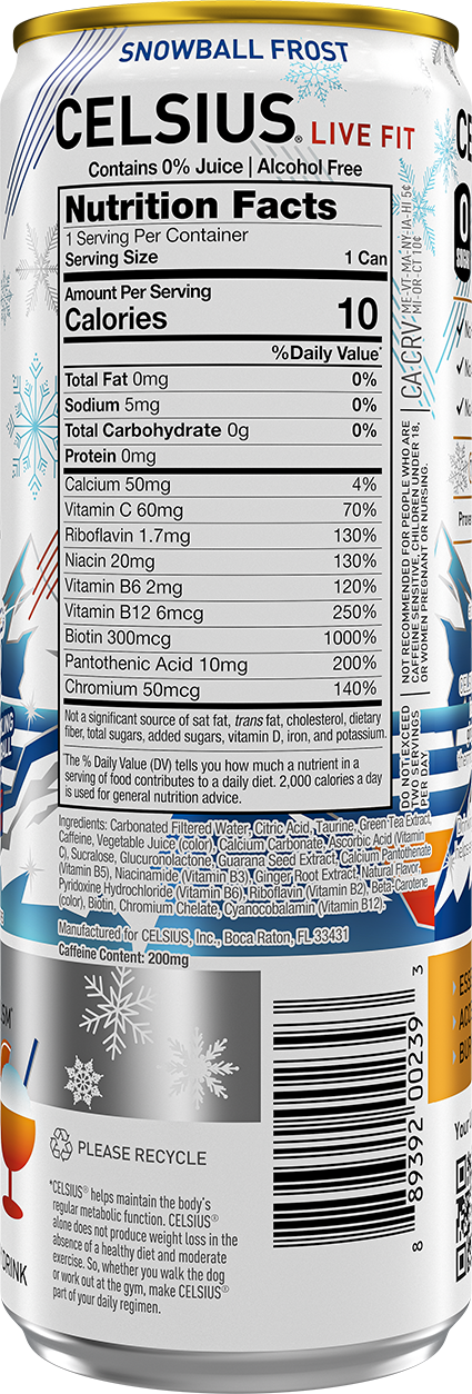 Nutrition label for Celsius - Spritz Vibe Snowball Frost