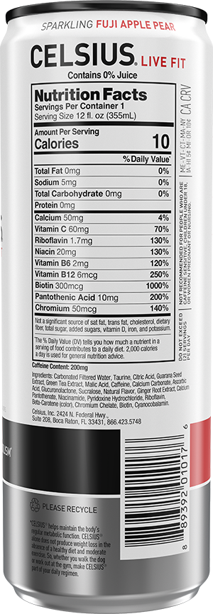Nutrition label for Celsius Sparkling – Fuji Apple Pear