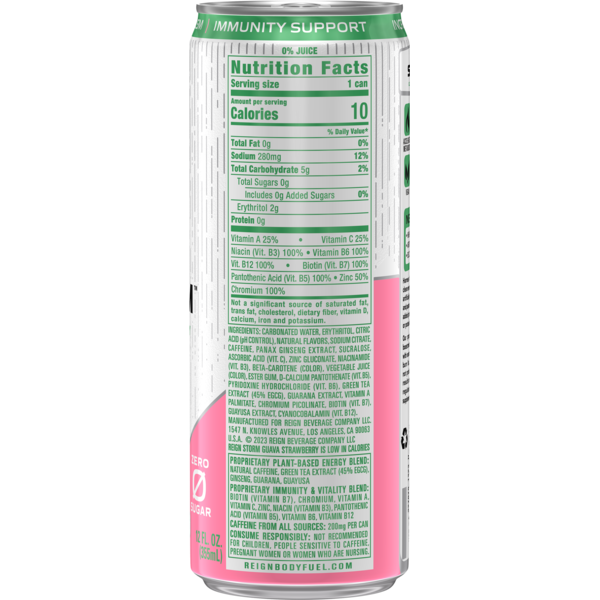 Nutrition label for Reign Storm Clean Energy - Guava Strawberry